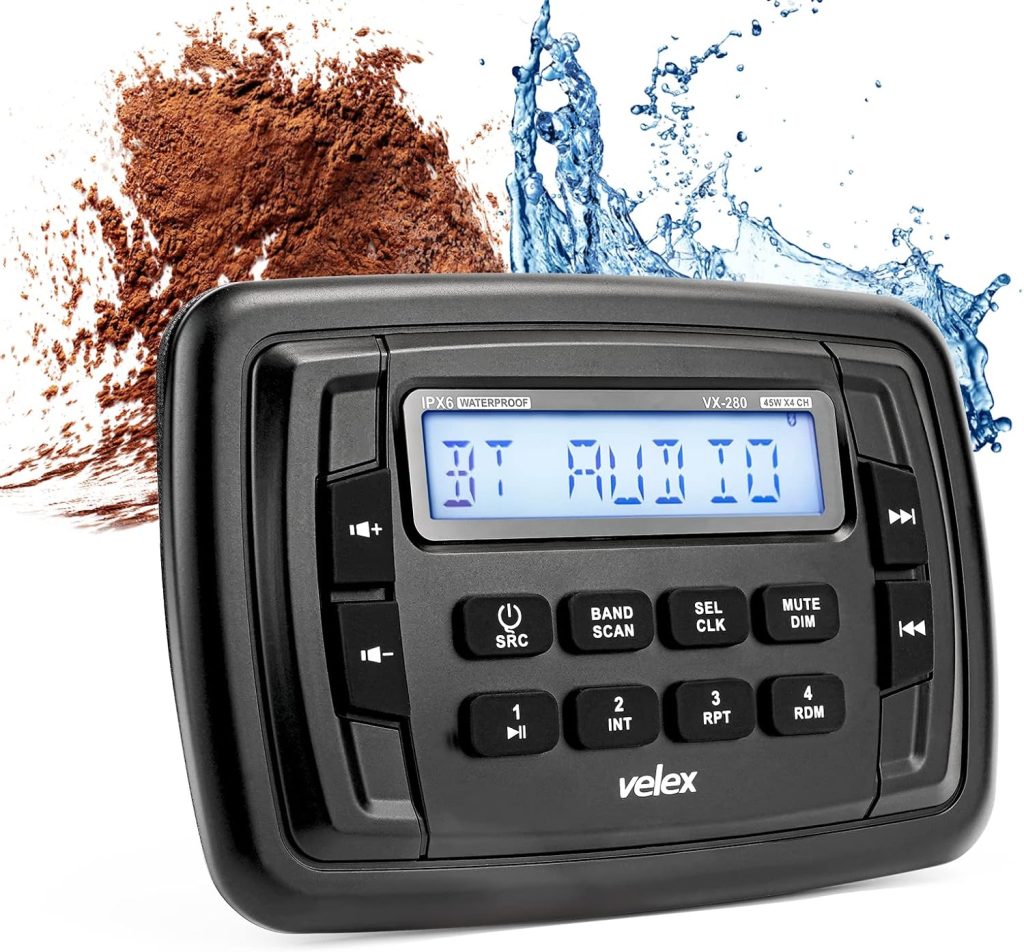 Velex Powersport Marine Stereo Radio AM FM Tuner Stereo 4 x 45W Bluetooth Streaming UTV ATV