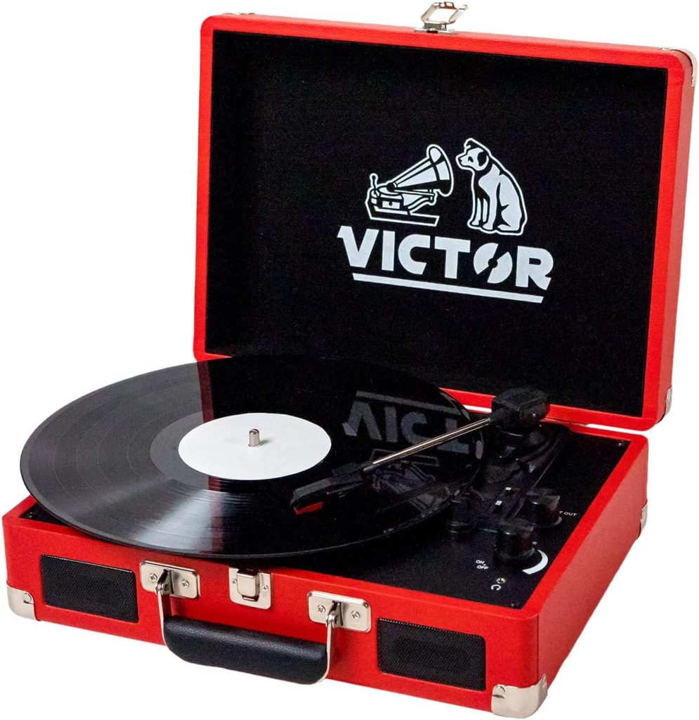 VICTOR Metro 3-Speed Portable Suitcase Turntable Record Player with Dual Bluetooth in  Out and Built-in Stereo Speakers, Red