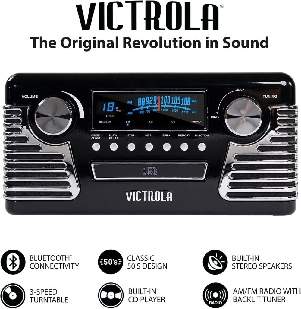Victrola 50s Retro Bluetooth Record Player  Multimedia Center with Built-in Speakers - 3-Speed Turntable, CD Player, AM/FM Radio | Vinyl to MP3 Recording | Wireless Music Streaming | Red