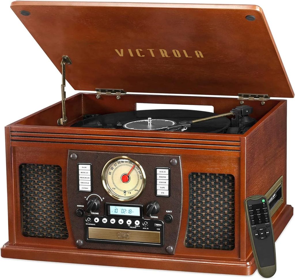 Victrola 8-in-1 Bluetooth Record Player  Multimedia Center, Built-in Stereo Speakers - Turntable, Wireless Music Streaming, Real Wood | Mahogany