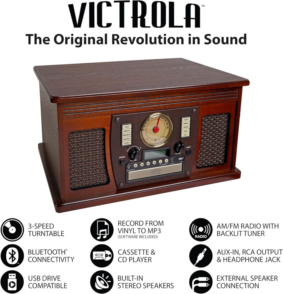 Victrola 8-in-1 Bluetooth Record Player  Multimedia Center, Built-in Stereo Speakers - Turntable, Wireless Music Streaming, Real Wood | Espresso