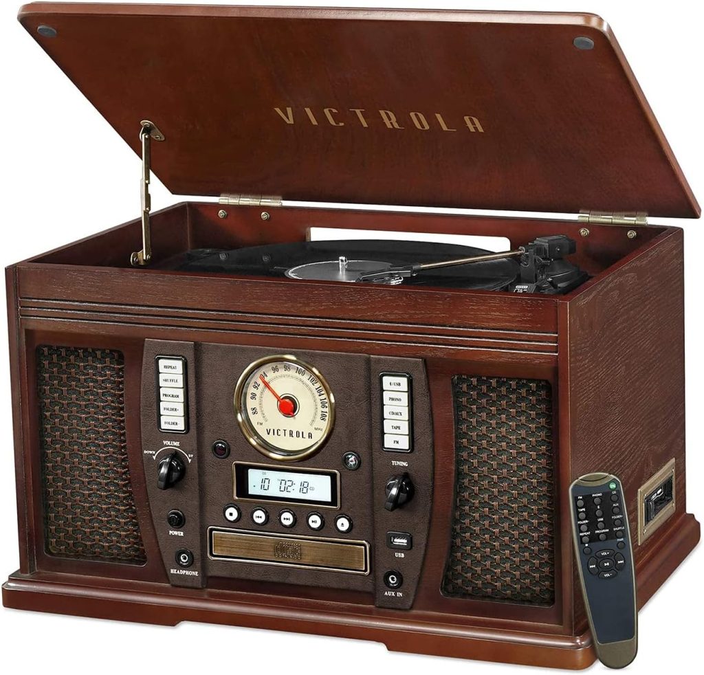 Victrola 8-in-1 Bluetooth Record Player  Multimedia Center, Built-in Stereo Speakers - Turntable, Wireless Music Streaming, Real Wood | Mahogany