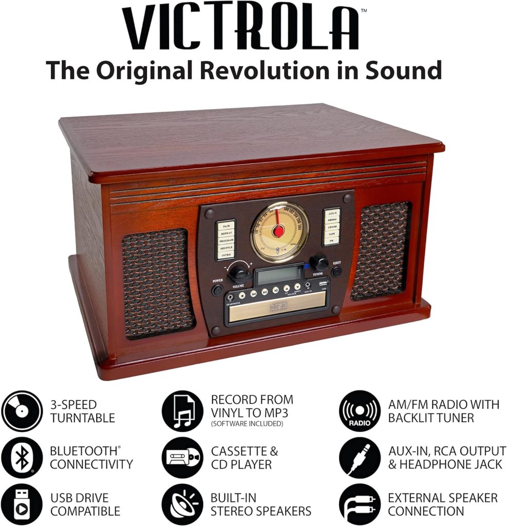 Victrola 8-in-1 Bluetooth Record Player  Multimedia Center, Built-in Stereo Speakers - Turntable, Wireless Music Streaming, Real Wood | Mahogany