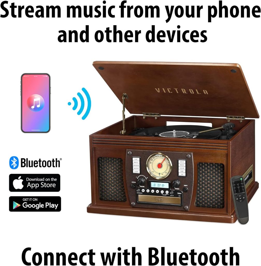 Victrola 8-in-1 Bluetooth Record Player  Multimedia Center, Built-in Stereo Speakers - Turntable, Wireless Music Streaming, Real Wood | Mahogany