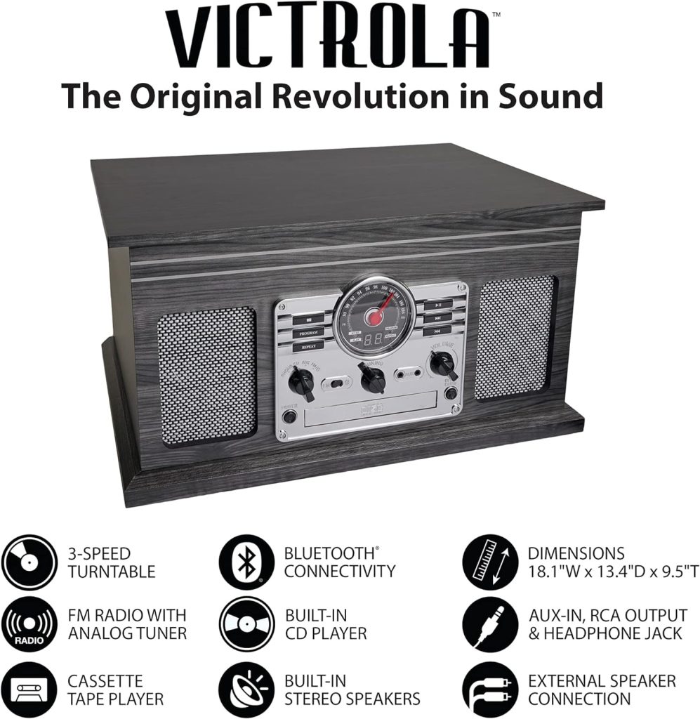 Victrola Nostalgic 6-in-1 Bluetooth Record Player  Multimedia Center with Built-in Speakers - 3-Speed Turntable, CD  Cassette Player, FM Radio | Wireless Music Streaming | Mahogany