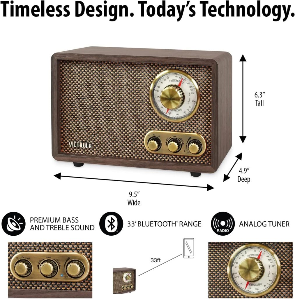 Victrola Retro Wood Bluetooth FM/AM Radio with Rotary Dial, Espresso