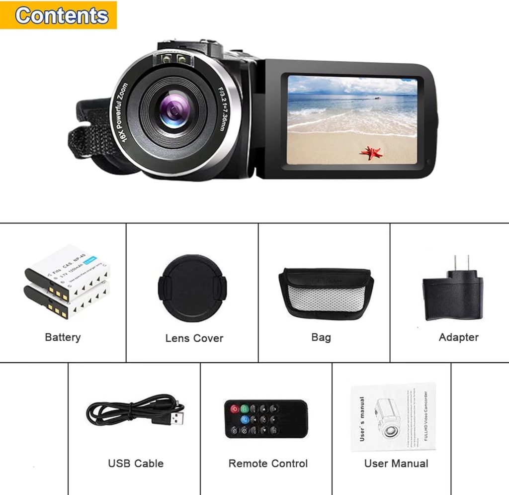 Video Camera Camcorder Full HD 1080P 30FPS 24.0 MP IR Night Vision Vlogging Camera Recorder 3.0 Inch IPS Screen 16X Zoom Camcorders Remote Control with 2 Batteries