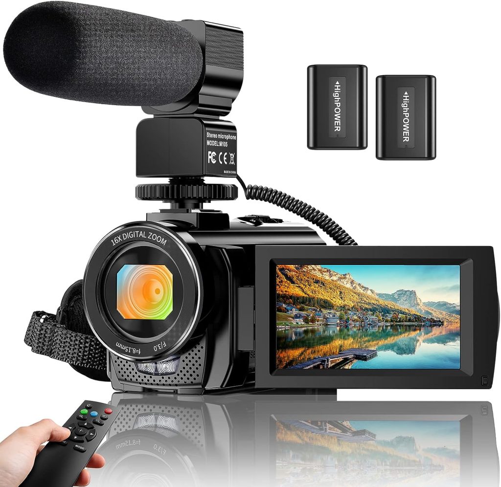 Video Camera YouTube Vlogging Camera Recorder FHD 1080P 24.0MP 3.0 Inch 270 Degree Rotation Screen 16X Digital Zoom Camcorder with Microphone,Remote Control and 2 Batteries