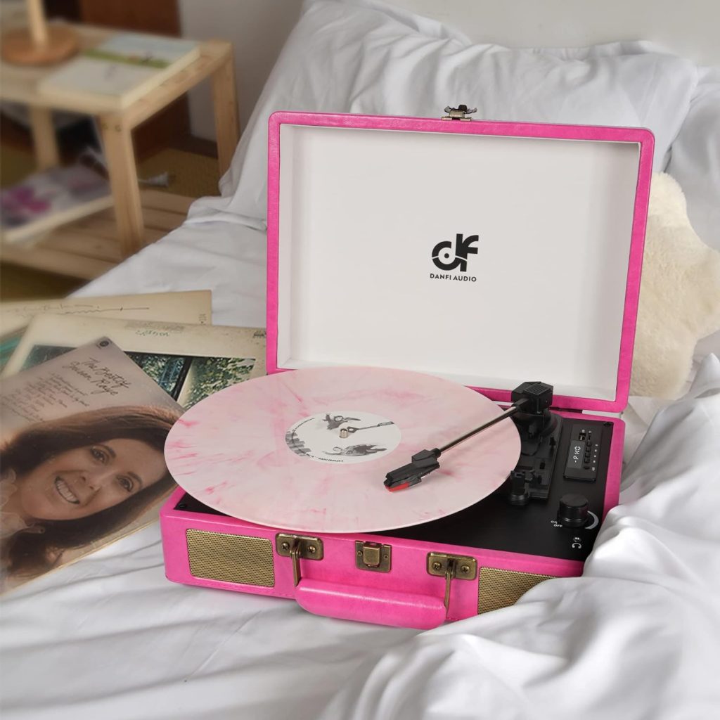 Vintage Bluetooth Suitcase Record Player with Built-in Speakers, 3 Speed Portable Turntable with USB Vinyl Audio Recorder RCA AUX-in  Headphone Jack (Pink, 2023 New Version)