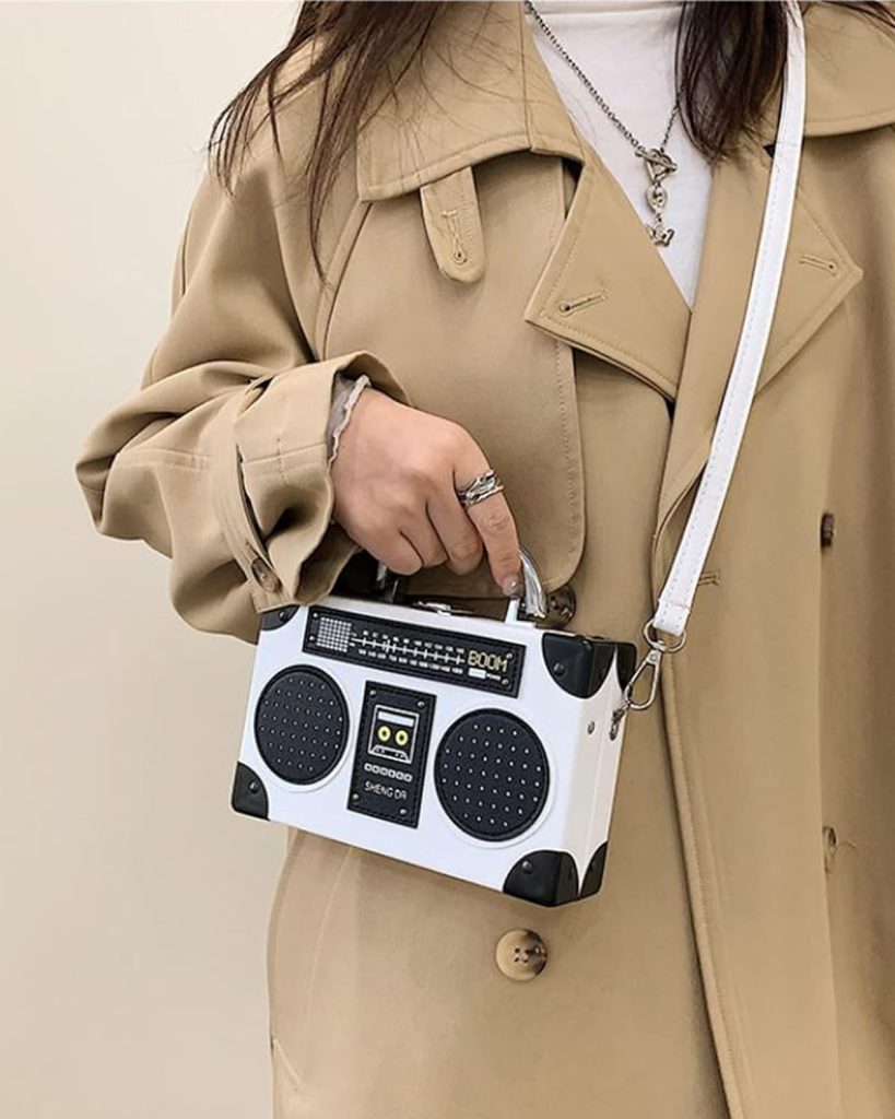 Vintage Radio Recorder Clutch Handbag Leather Top Metal Handle Crossbody Small Box Bag Shoulder Bag