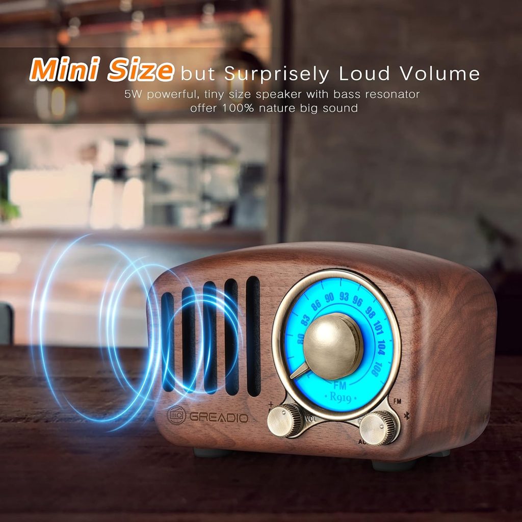 Vintage Radio Retro Bluetooth Speaker- Greadio Walnut Wooden FM Radio with Old Fashioned Classic Style, Strong Bass Enhancement, Loud Volume, Bluetooth 5.0 Wireless Connection, TF Card  MP3 Player