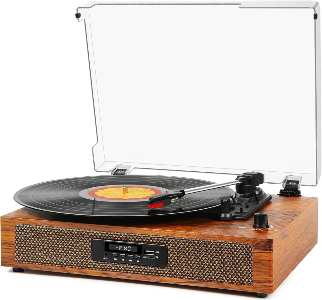 Vintage Record Player Bluetooth 3-Speed Vinyl Record Player with Stereo Speakers, USB Audio Recording, RCA Line-Out, AUX-in, Retro Phonograph Turntable for Vinyl Records, Brown Wood