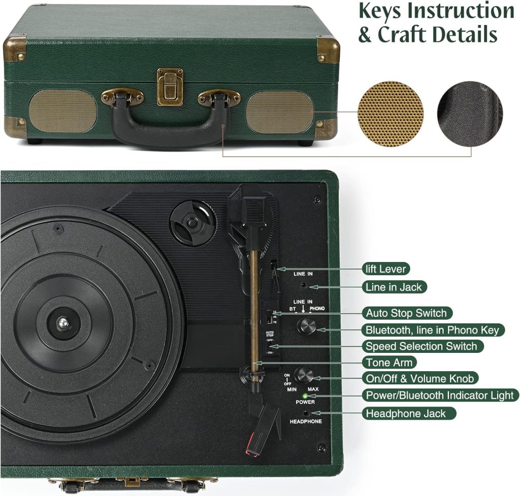 Vinyl Record Player 3-Speed Bluetooth Suitcase Portable Belt-Driven Record Player with Built-in Speakers RCA Line Out AUX in Headphone Jack Vintage Turntable