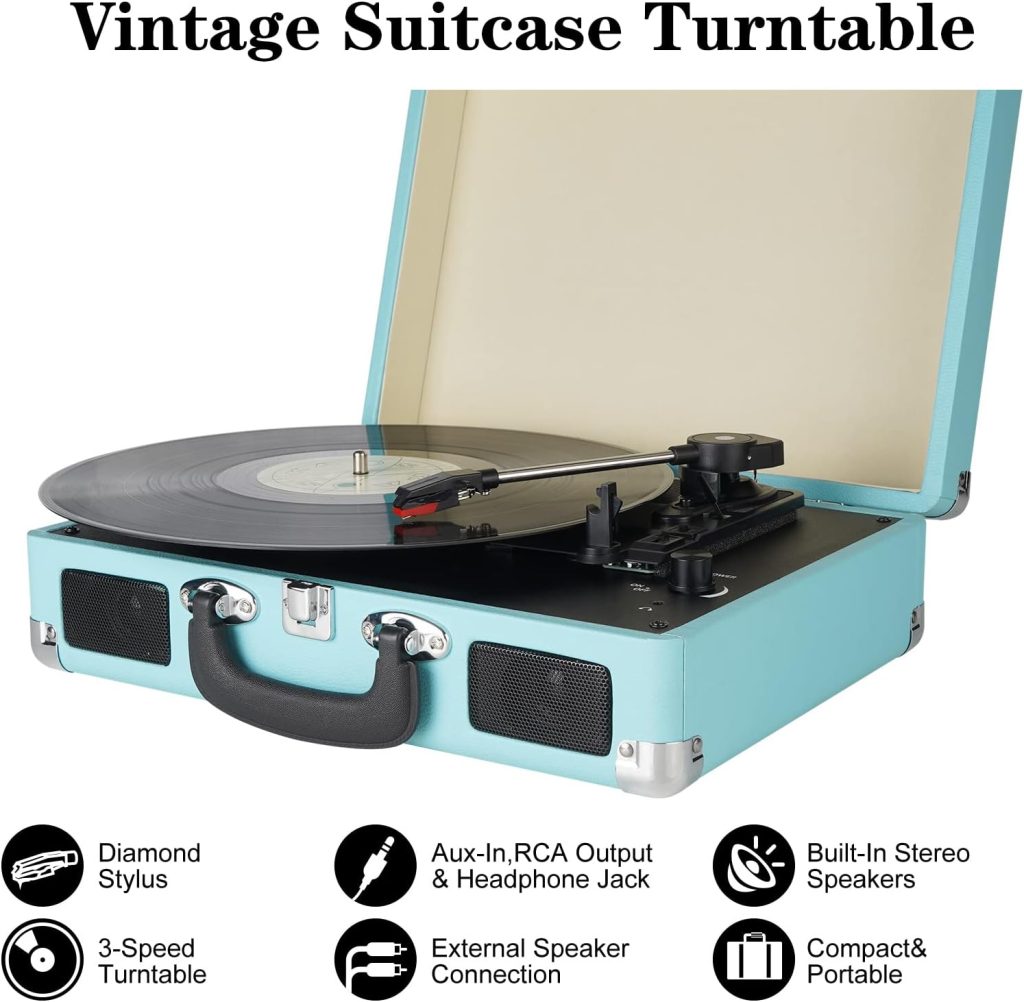 Vinyl Record Player 3 Speed Wireless Turntable with Built-in Speakers and USB Belt-Driven Vintage Phonograph Portable Bluetooth Suitcase Upgraded Audio Sound for Entertainment and Home Decoration