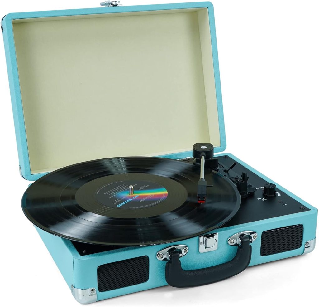 Vinyl Record Player, 3 Speeds Suitcase Portable Record Player with Built-in Speakers, Vintage Belt Driven Turntable with RCA Output/Headphone/Aux in Jack/45 Adapter Blue