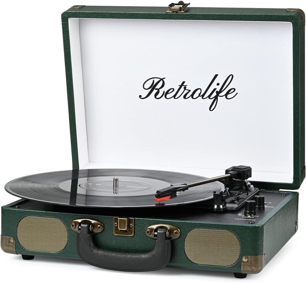 Vinyl Record Player Bluetooth 3-Speed Suitcase Portable Belt-Driven Record Player with Built-in Speakers AUX in RCA Line Out Headphone Jack Vintage Turntable Dark Green
