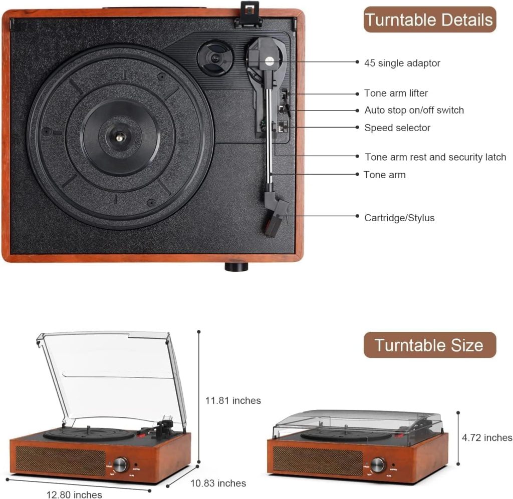 Vinyl Record Player Turntable with Built-in Bluetooth Receiver  2 Stereo Speakers, 3 Speed 3 Size Portable Retro Record Player for Entertainment and Home Decoration(Orange)