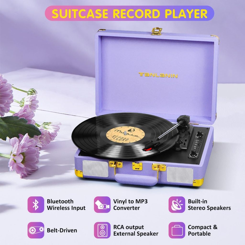 Vinyl Record Player Vintage 3-Speed Bluetooth Suitcase Portable Turntable with Built-in Speaker, USB Recording, 33 45 78 RPM Vinyl Record Player Support RCA Out AUX-in Headphone Jack, Turntable Purple
