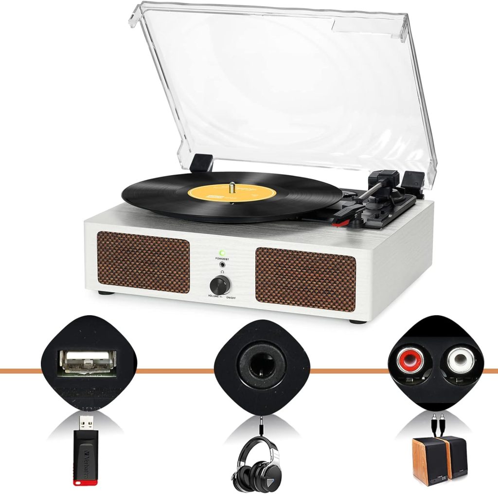 Udreamer Vinyl Record Player With Bluetooth,All In One 3-Speed Vintage  Audio Turntables,yellow 