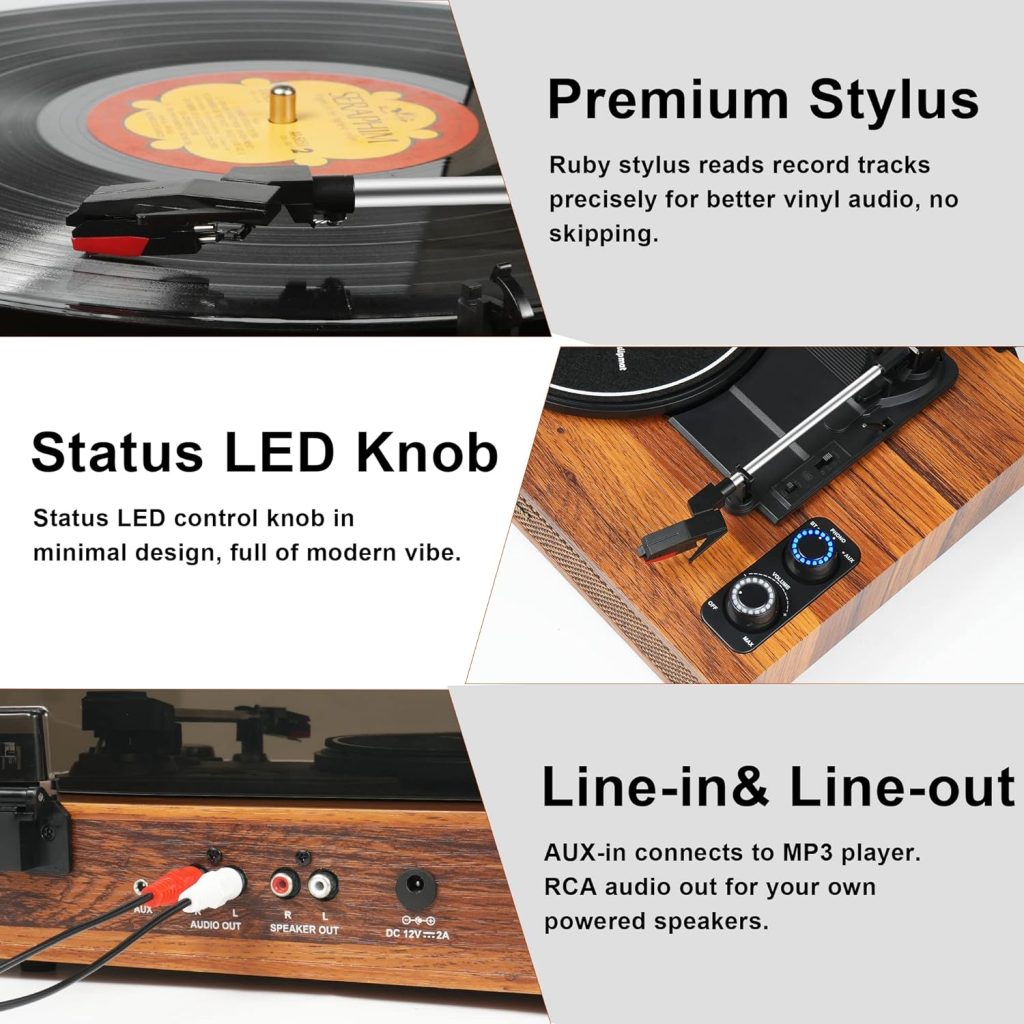 Vinyl Record Player with External Speakers, 3 Speed Bluetooth Turntable for Vinyl Records, Vintage Belt Drive Record Player with Stereo Speakers and Auto Stop, RCA Audio Out and Aux-in, Light Wood