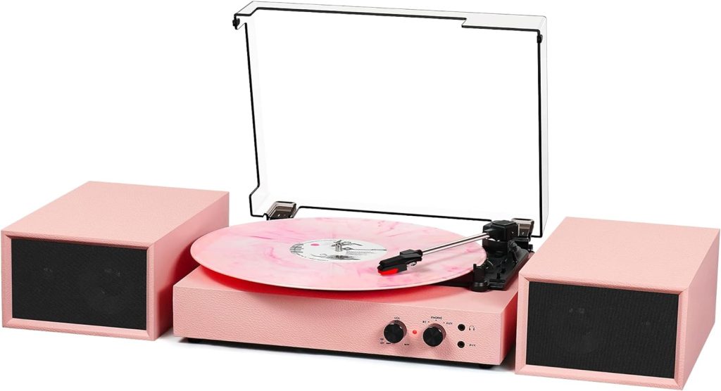 Vinyl Record Player with External Speakers, Vintage 3-Speed Turntable with Dual Speakers, Bluetooth Music Playback, MP3 PC Encoding, Headphone Jack and RCA Out, Light Pink