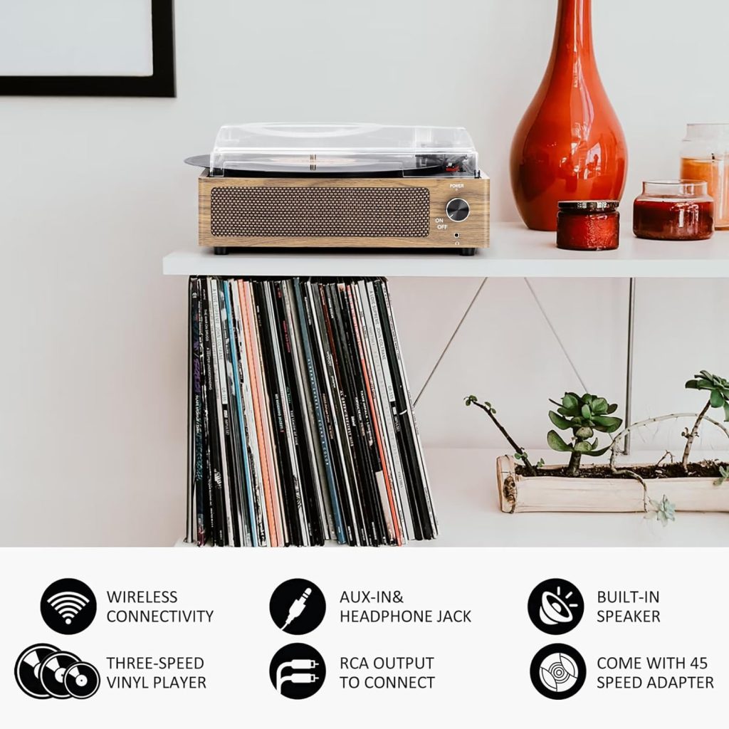 Vinyl Record Player with Speaker Vintage Turntable for Vinyl Records, Belt-Driven Turntable Support 3-Speed, Wireless Playback, Headphone, AUX-in, RCA Line LP Vinyl Players for Sound Enjoyment White