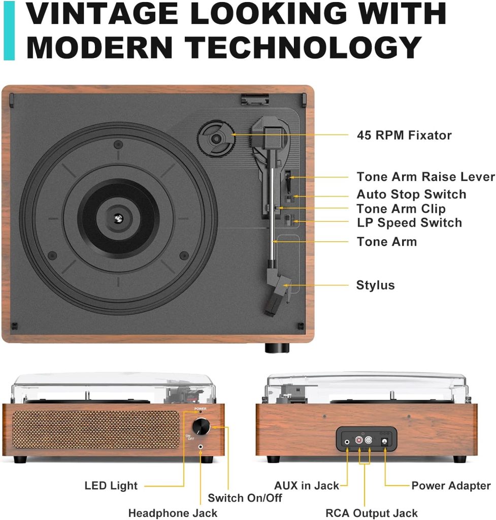 Vinyl Record Player with Speakers Vintage Turntable for Vinyl Records Belt-Driven Turntable Support 3-Speed Bluetooth Playback Headphone AUX RCA Line LP Vinyl Players for Sound Enjoyment Retro Brown : Electronics