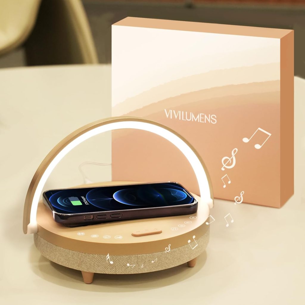 Vivilumens Birthday Gifts for Women, 5 in 1 Bedside Lamps with Wireless Charger Bluetooth Speaker White Noise Machine, Dimmable Touch lamp with Phone Holder, Personalized Night Light (Rosy Beige