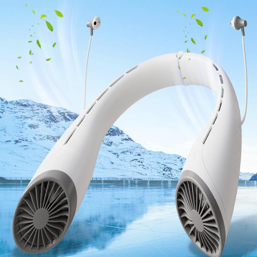 VOD VISUAL Neck Fan with Earbuds Bluetooth, 4000mAh Personal Portable Fan, No Blade Fan Design, No Hair Twisting, 3 Speeds Adjustable, Faster Cooling, Suitable for Home, Office, Travel, Sports : Home  Kitchen