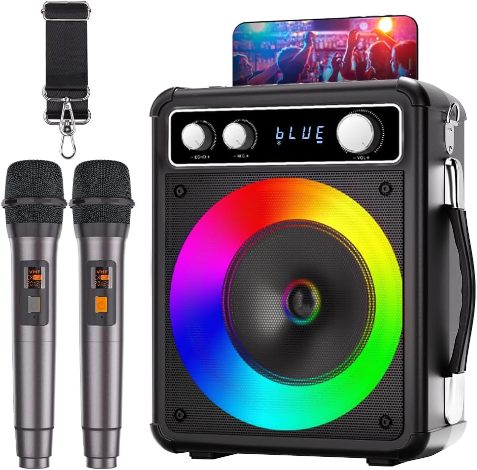VOSOCO Karaoke Machine, Portable Bluetooth Speaker with 2 Wireless Microphones, PA System for Adults Kids with LED Lights, Supports TWS/REC/FM/AUX/USB/TF for Home Party
