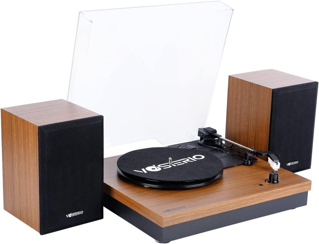 Vosterio Bluetooth Record Player, 3-Speed Belt-Driven Turntable with Bluetooth Input Output, Aux-in, Two 15W External Speakers, Retro Vinyl Player, Walnut