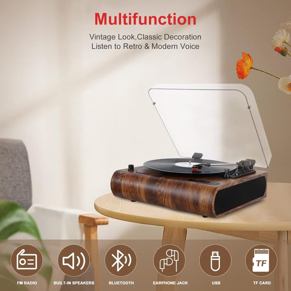 VOSTERIO Bluetooth Record Player, 3 Speed Turntable with Built-in Speakers, Retro LP Vinyl Player with BT Input  Output, FM Radio, USB  SD Card Recording, Aux in, LED Display