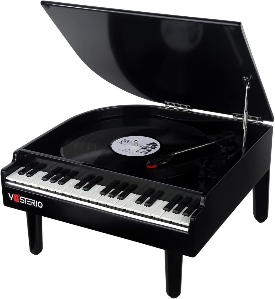VOSTERIO Bluetooth Record Player with Built-in Speakers, Modern 3-Speed Turntable with USB Playback and Vinyl Recording, Vinyl Player in Piano Design- Black