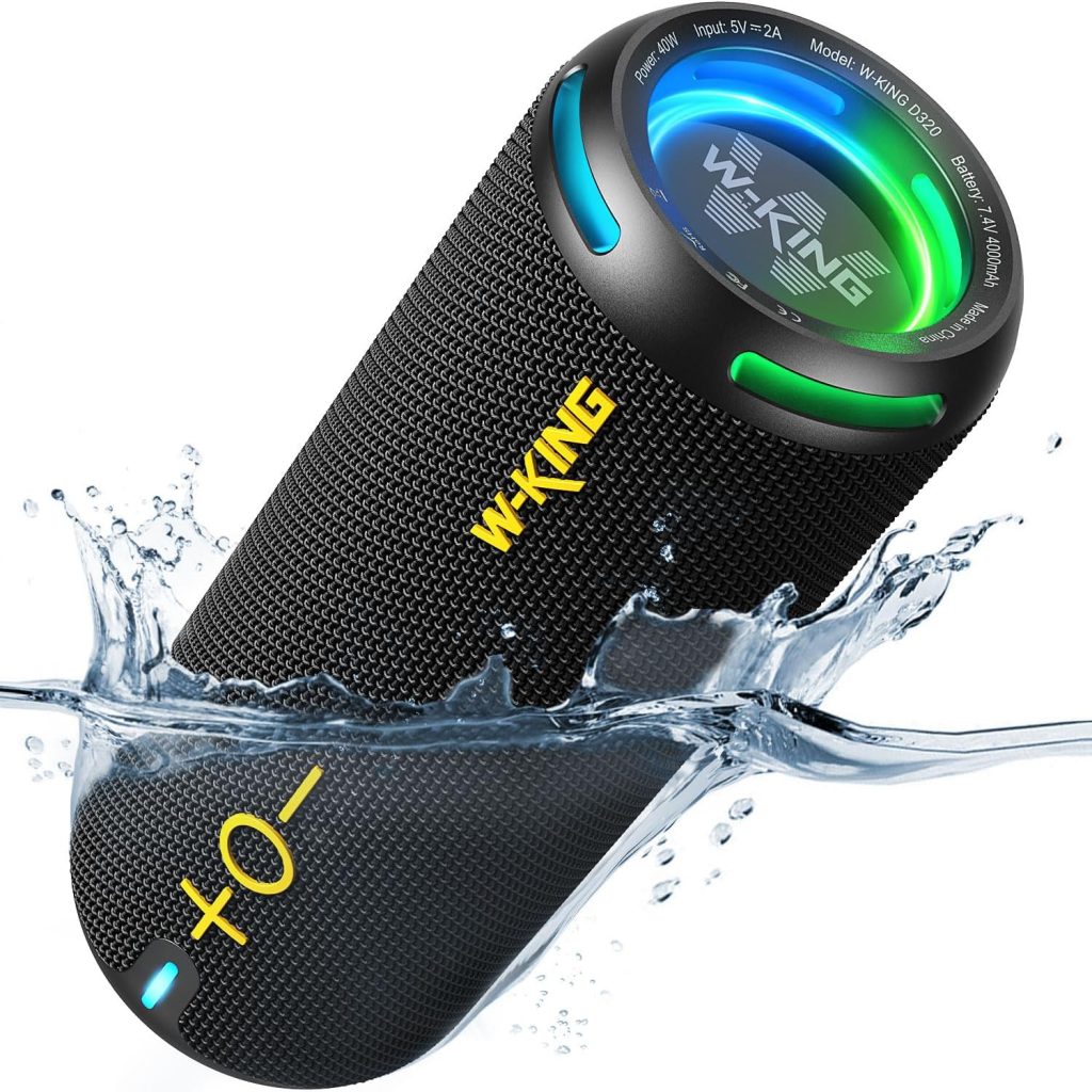 W-KING Bluetooth Speakers - IP67 Waterproof Outdoor Portable Wireless Speaker, Customized EQ APP/Deep Bass, 40W HD 360° Stereo Surround Sound with Lights/V5.3/DSP/TF/AUX, Dustproof for Shower, Camping