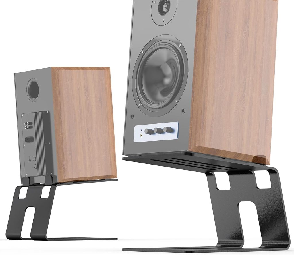 WALI Desktop Speaker Stand 1 Pair, Studio Monitor Riser with Vibration Absorption Pad and 5° Incline Design Improve Listening Experience, Desk Audio Stand for Bookshelf, Laptop Speaker (SDS002), Black