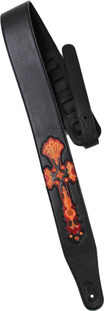 Walker  Williams CVG-23-BB Handmade Black On Black Padded Guitar Strap With Red Leather Hand Tooled Christian Cross Design For Acoustic, Electric, And Bass Guitars