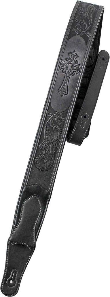 Walker  Williams LIC-12 Black Padded Guitar Strap with Christian Tooling And Cross