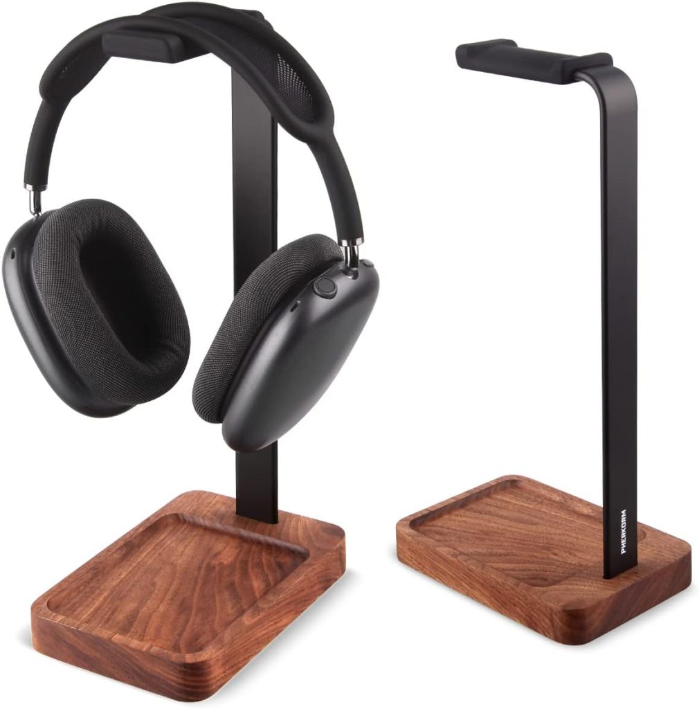 Walnut Wood  Aluminum Headset Holder, PHERKORM Desktop Headphone Stand, Universal Headphone Holder for Most Music Gaming headsets - Black Walnut