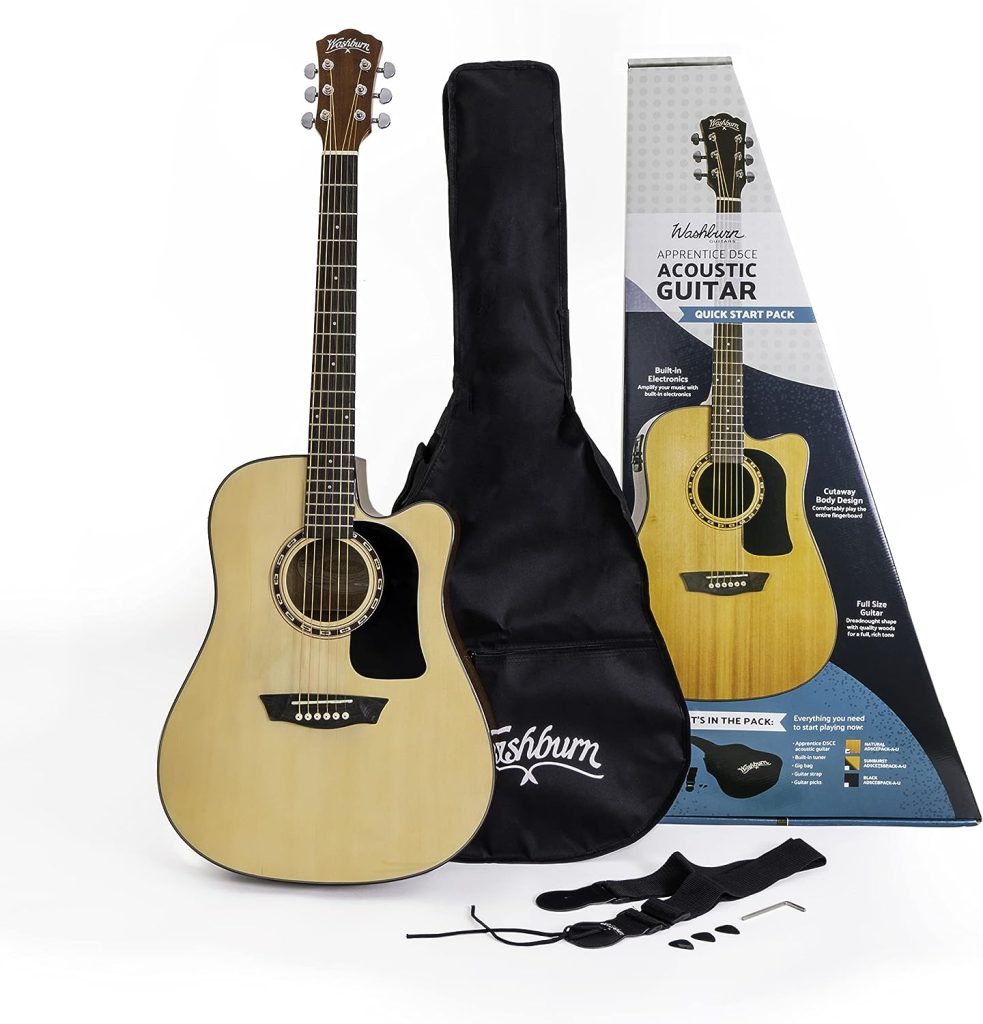 Washburn 6 String Acoustic Guitar Pack, Right, Natural (AD5CEPACK-A)
