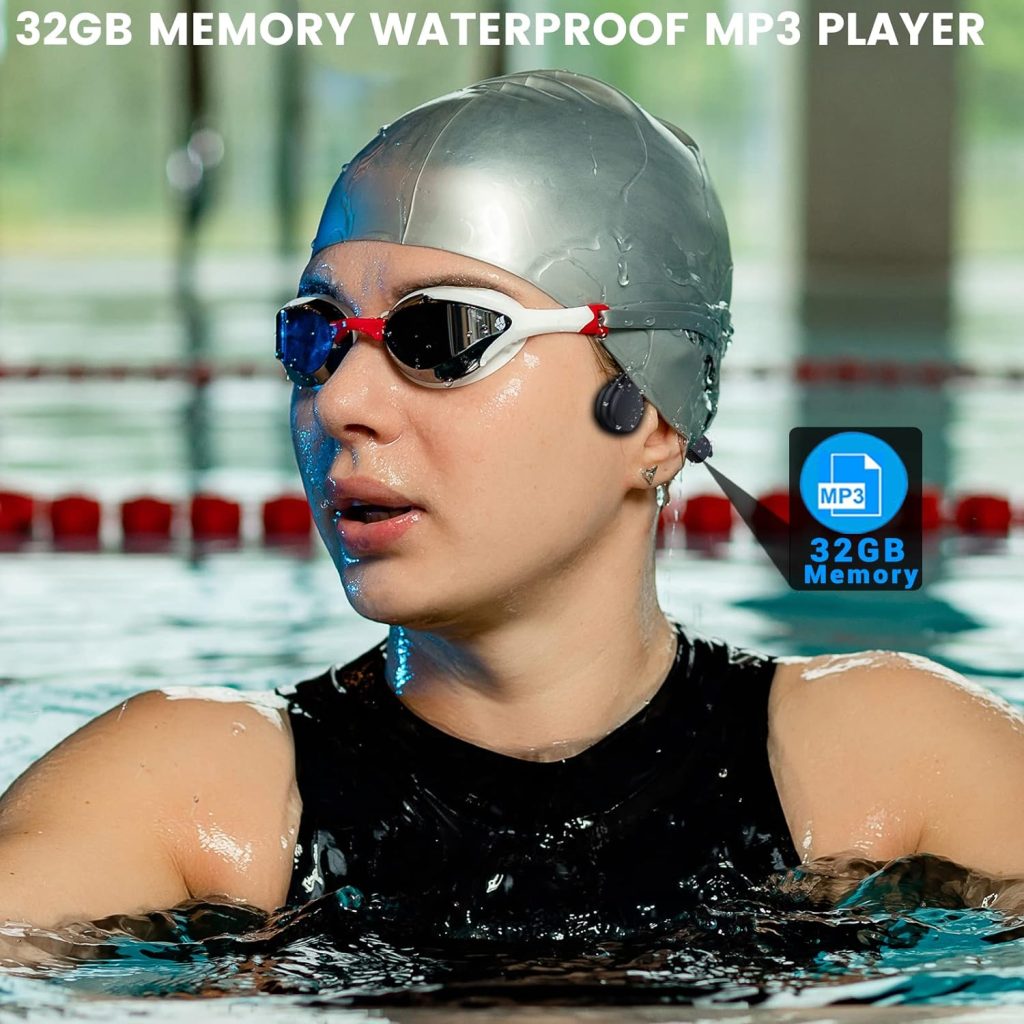 Waterproof Bone Conduction Headphones, IPX8 Waterproof 32GB Swimming MP3 Player Headphones Wireless Bluetooth 5.3 Open-ear Headphones with Mic for Swimming Skiing Cycling Driving Gym Workout(Black)