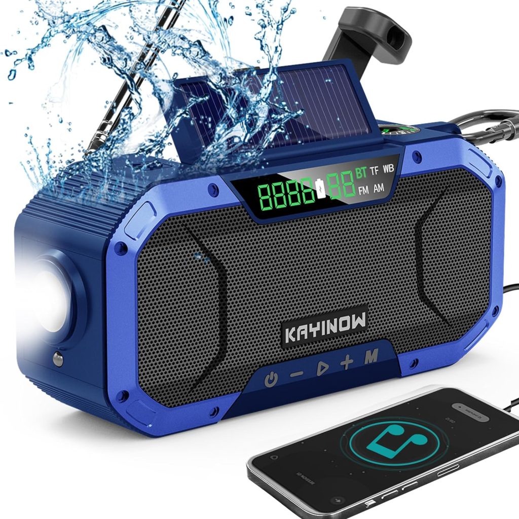 Waterproof Emergency Weather Radio with Portable Bluetooth Speaker, AM/FM/NOAA Hand Crank Solar Rechargeable Radio with Flashlight, Reading Light, 5000mAh Cell Phone Charger, SOS Alarm, Survival Gear