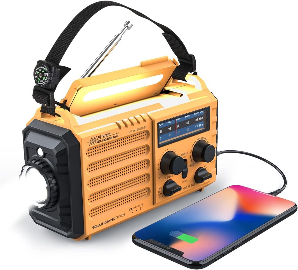 Weather Radio Raynic 5000 Solar Hand Crank Emergency Radio 5 Ways Powered AM/FM/SW/NOAA Weather Alert Portable Radio with Flashlight, Reading Lamp (Yellow)