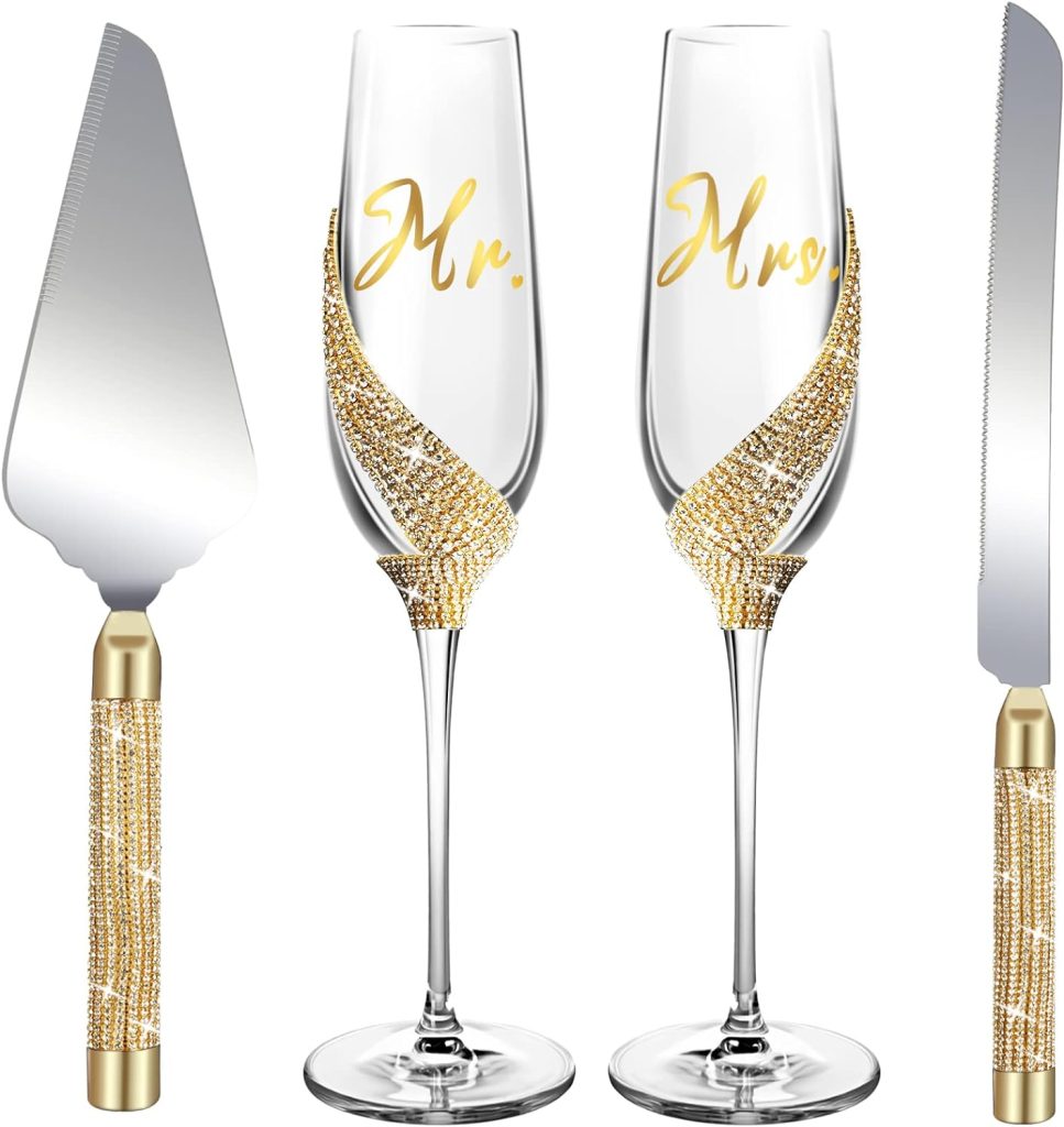 Wedding Champagne Flutes and Cake Server Set-Include Champagne Flutes Glasses, Cake Cutting Set for Wedding, Wedding Toasting Flutes, Champagne Flutes for Bride and Groom, Wedding Reception Supplies