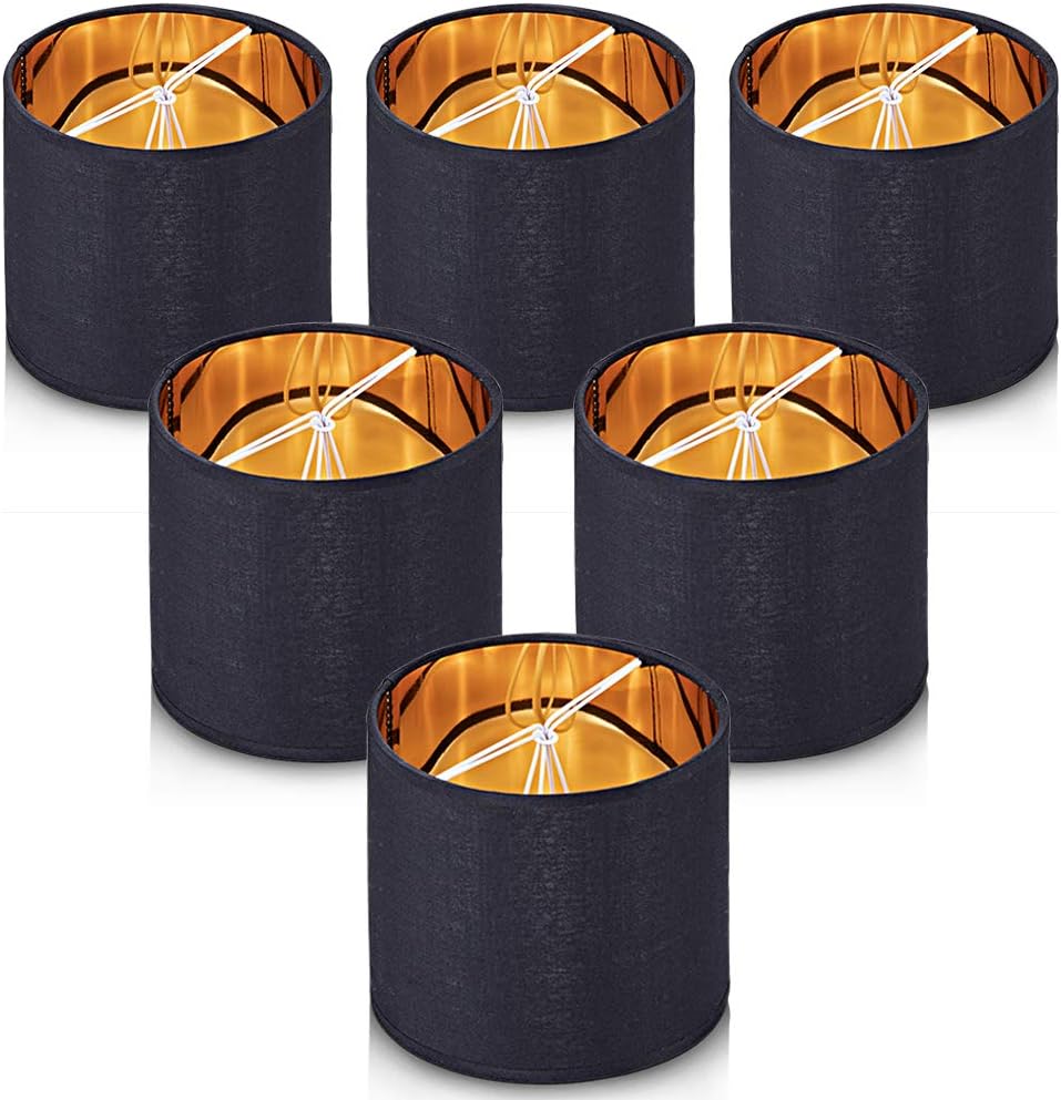 Wellmet Lamp Shades,Small Chandelier Shades ONLY for Candle Bulbs,Clip-on Drum Lampshades,Set of 6, 5.5x 5.5x5,Black Gold
