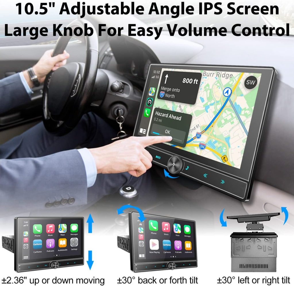 Westods Detachable and Adjustable 10.5 HD IPS Large Screen Single Din Car Stereo - CarPlay, Android Auto, Steering Wheel, Bluetooth, Subw, Mirror Link, FM/AM Car Radio, Backup Camera, USB/SD/AUX