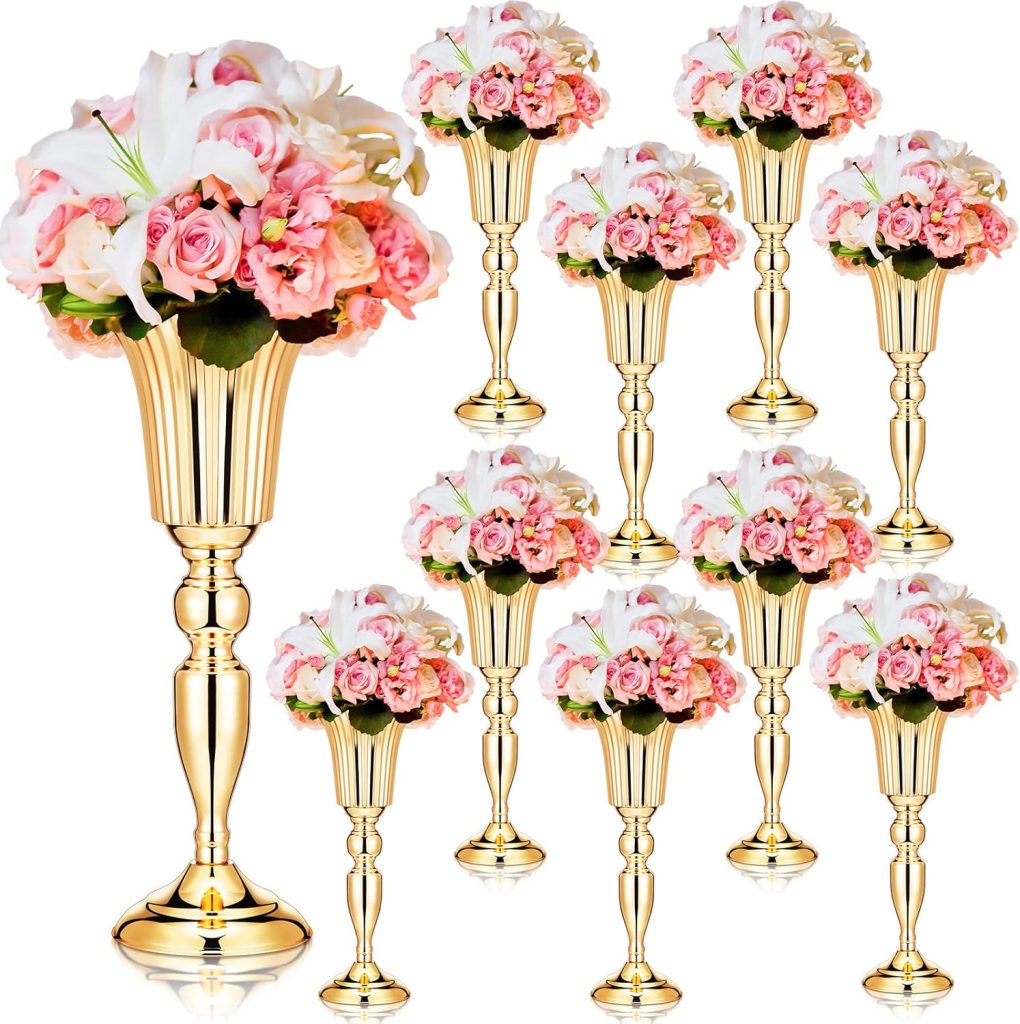Weysat 10 Pcs Tall Vases for Centerpieces, 15 Inch Trumpet Vases Flower Stands for Centerpieces Event Metal Gold Trumpet Vases, Wedding Floral Tabletop Decorations for Reception Anniversary