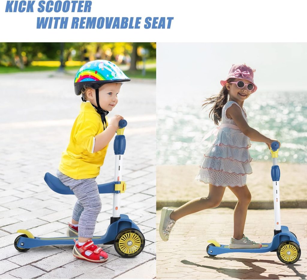 Wheelive 2 in 1 Kick Scooter with Removable Seat, 3 LED Wheels Kick Scooter for Kids, 4 Adjustable Height  Foldable Design Toddler Scooters Sit or Stand Ride for Boys  Girls 2-8 Years Old