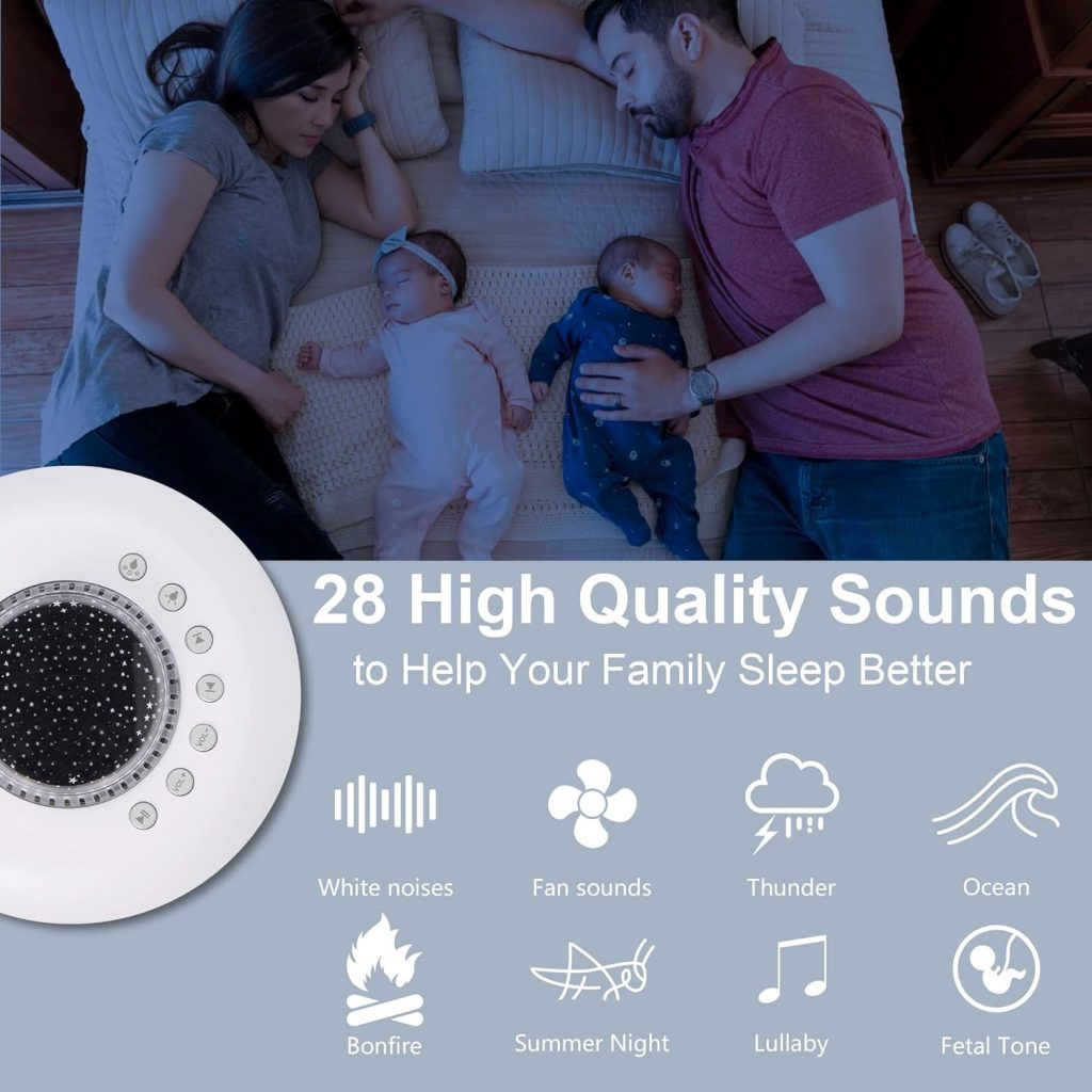 White Noise Machine for Sleeping Baby – Portable Sound Machines with 7 Starry Ambient Night Light, 28 Soothing Sounds Sleep Noise Maker Ideal Gifts for Kids Adult Bedside Travel Nursery Camping