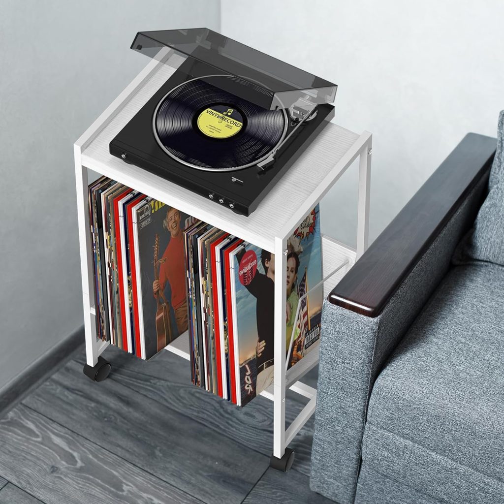 White Record Player Table with Album Storage 2 Tier Small Vinyl Record Turntable Holder Stand End Table with Record Storage Shelf Cabinet Side Table with Wheels for Living Room Bedroom Office