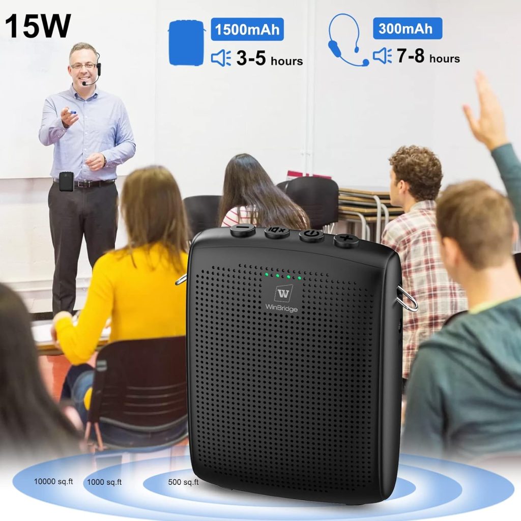 WinBridge Bluetooth Voice Amplifier for Teachers, Wireless Voice Amplifier with Bluetooth Headset Microphone, Portable Megaphone Speaker Headset System, Teacher Must Haves 15W/1500mAh WB002